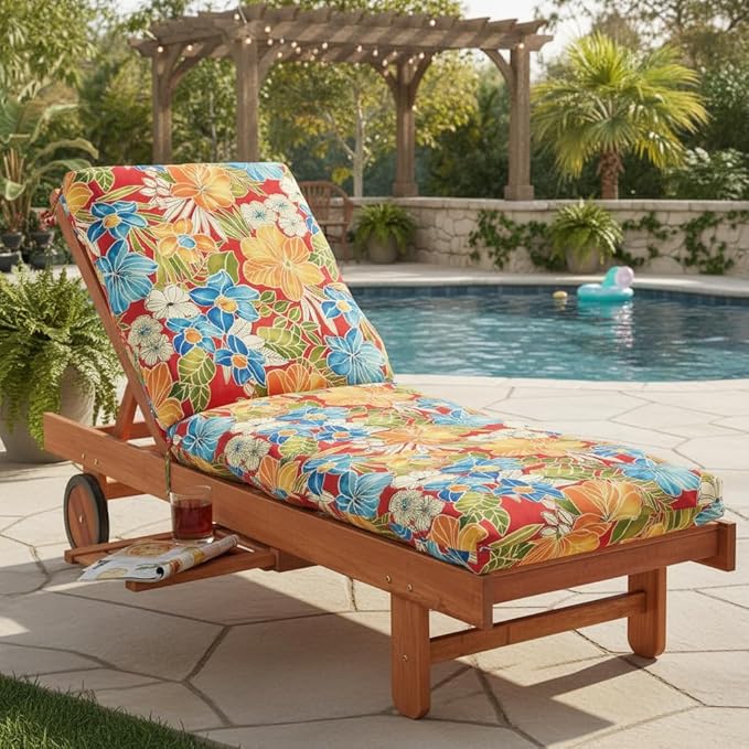 Modern Outdoor Chaise Lounge Cushion with Ties – Durable Polyester Fabric, Channel-Filled Polyfiber Insert, Removable Zippered Cover, Aloha Red Floral