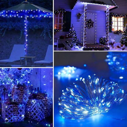YEGUO 4 Pack Blue and White Solar Fairy Lights, Each 33ft 100 LED Christmas Lights Outdoor Waterproof, 8 Modes Sliver Wire Solar String Lights