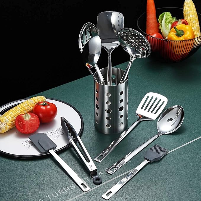 Stainless Steel Cooking Utensils Set, Berglander 13 Pieces Kitchen Utensils Set, Kitchen Tools Set With Utensil Holder Non-Stick And Heat Resistant,Dishwasher Safe, Easy to Clean (13 Packs)