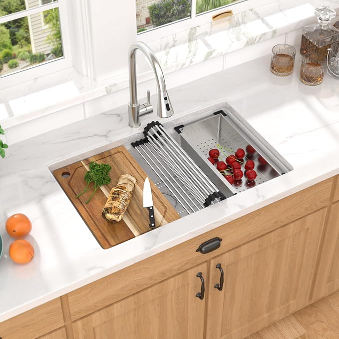 28 Inch Granite Composite Kitchen Sink - White Undermount Workstation All-In One Quartz Classic Single Bowl Sink Basin with Accessories, 28x19#TLGU-106