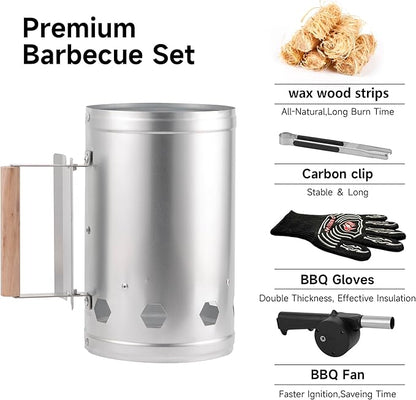 WILLBBQ Charcoal Chimney Starter Great for Fireplace, BBQ, Fire Pits, Barbecues, Chimineas, Campfires, Pizza Ovens - Zinc Steel BBQ Kit, 20 Starters, Heat Resistant Gloves Blower(Bright Silver)