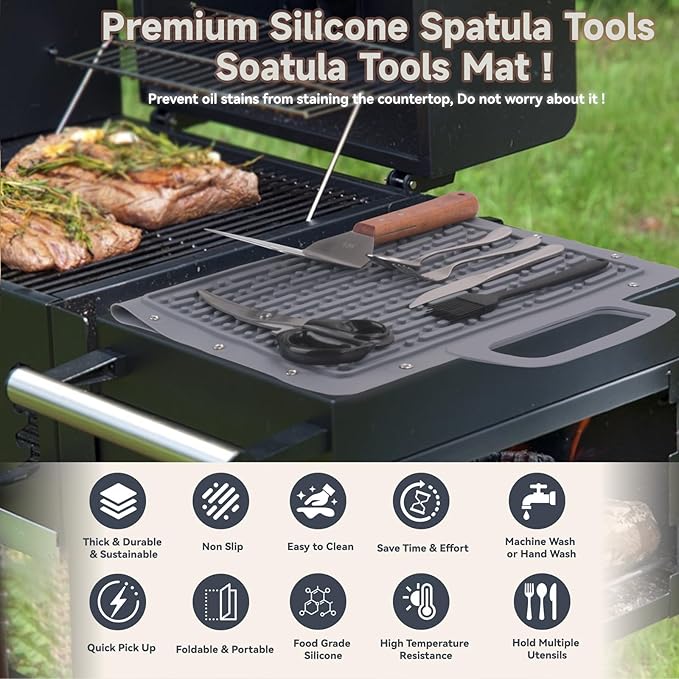 LIONROGE Large Silicone Grill Mat, Foldable Silicone Griddle Tools Spatula Mat with Drip Pad & Handle & Snap Buttons, Portable BBQ Side Shelf Mats Grill Pad for Blackstone Griddles Accessories,Gray