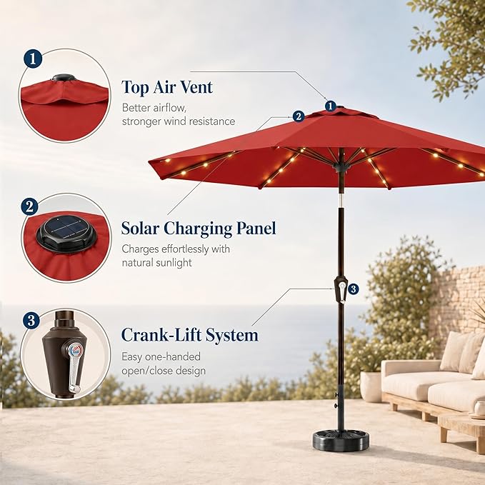 11FT Solar Patio Umbrella with Lights, Outdoor Table Market Umbrella with 32 LED Lights, 8 Sturdy Ribs, Smooth Crank Lift for Pool, Deck and Garden, UV-Resistant