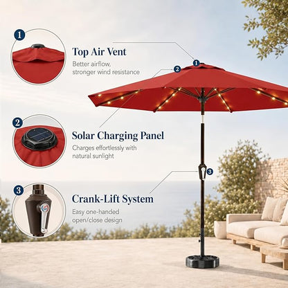 11FT Solar Patio Umbrella with Lights, Outdoor Table Market Umbrella with 32 LED Lights, 8 Sturdy Ribs, Smooth Crank Lift for Pool, Deck and Garden, UV-Resistant