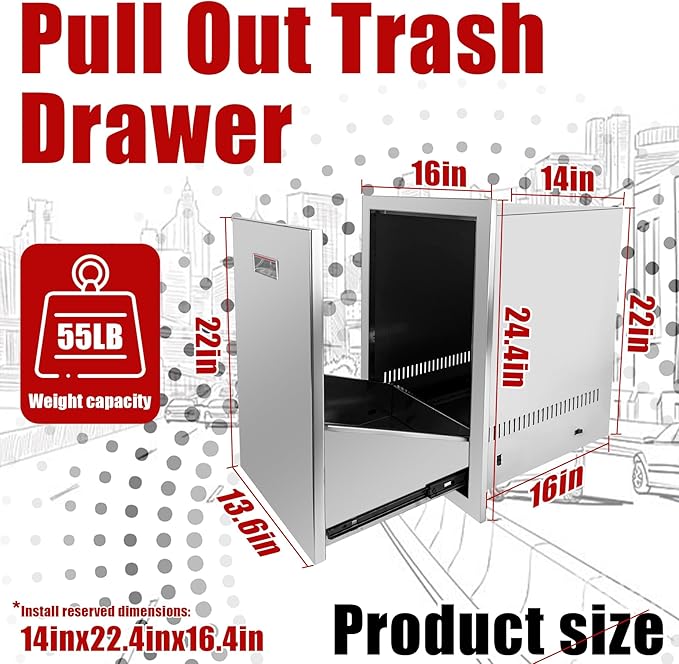 Outdoor Kitchen Single Trash Drawer 16'' W x 24.4'' H x 16'' D Pull Out Stainless Steel Bin Drawer Built-in Trash Drawers with Handle and Vents Suitable for Outdoor Kitchen Island Grill Station