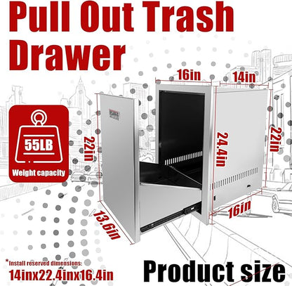 Outdoor Kitchen Single Trash Drawer 16'' W x 24.4'' H x 16'' D Pull Out Stainless Steel Bin Drawer Built-in Trash Drawers with Handle and Vents Suitable for Outdoor Kitchen Island Grill Station