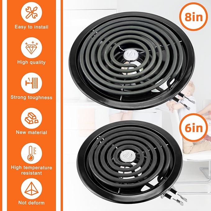 Electric Stove Burner Drip Pans WB31M19(8”) WB31M20(6”) and Electric Stove Top Burner WB30M1(6") WB30M2(8") Compatible for G-E Hot-point Ken-more General Electric Stove Parts by MIFLUS