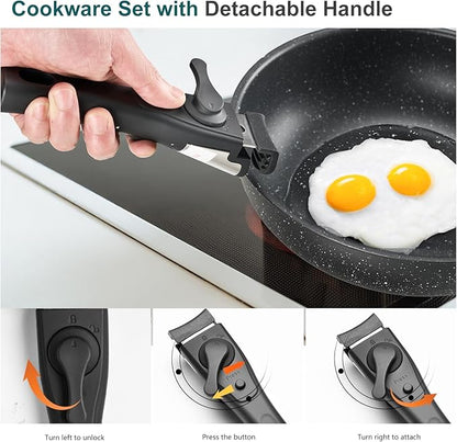 12-Piece Nonstick Cookware Set, Detachable Handle Kitchen Pots and Pans, Induction Compatible, Dishwasher & Oven Safe, Space-Saving, Black