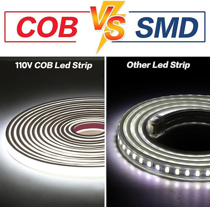 1m LED Strip Lights Rope Lights 320LEDs 6000K Cool White AC 110V Outdoor Lights COB LED Strip Light Waterproof IP67 for Under Cabinet Lights Bedroom Patio