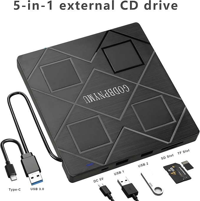 5-in-1 Extemal CD/DVD Drive for Laptop,USB 3.0 & Type-C Portable CD/DvD Rw Burner with SD/TF Card Reader &DVD-ROM Rewritable Player，Compatible with Laptop Pc Desktop, Windows11/10/8/7 Linux Mac os