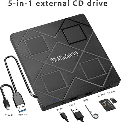 5-in-1 Extemal CD/DVD Drive for Laptop,USB 3.0 & Type-C Portable CD/DvD Rw Burner with SD/TF Card Reader &DVD-ROM Rewritable Player，Compatible with Laptop Pc Desktop, Windows11/10/8/7 Linux Mac os