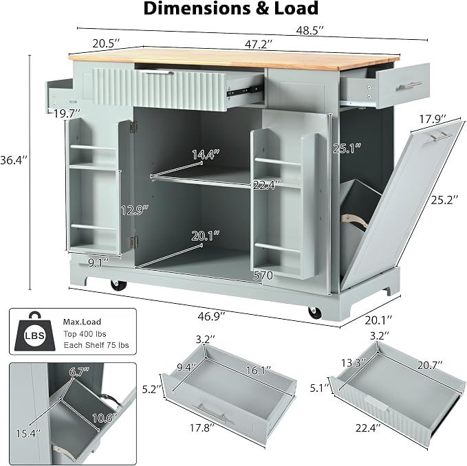 Ball & Cast Fluted Kitchen Island with Trash Can Storage Cabinet,Power Outlet,Internal Storage Rack,Rolling Kitchen Islands On 5 Wheels W/3 Drawer&3 Open Side Racks for 10 Gallon Garbage Bin,Grey Blue