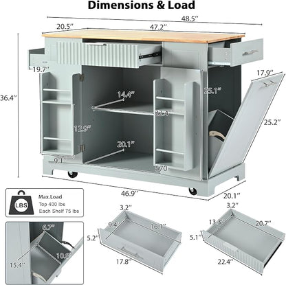 Ball & Cast Fluted Kitchen Island with Trash Can Storage Cabinet,Power Outlet,Internal Storage Rack,Rolling Kitchen Islands On 5 Wheels W/3 Drawer&3 Open Side Racks for 10 Gallon Garbage Bin,Grey Blue