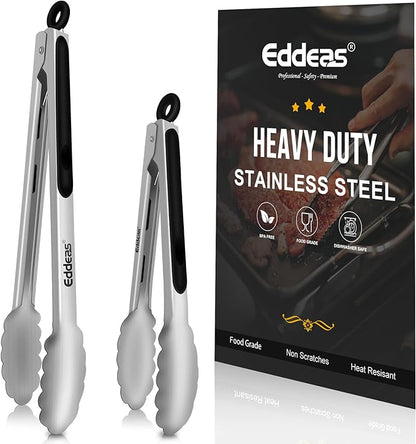 Eddeas Kitchen Tongs - 9" and 12" Tongs for cooking, Heat Resistant 600 Degrees Stainless Steel Metal Tong and Non-Slip Handle - Perfect for Cooking, Salad and BBQ, Set of 2