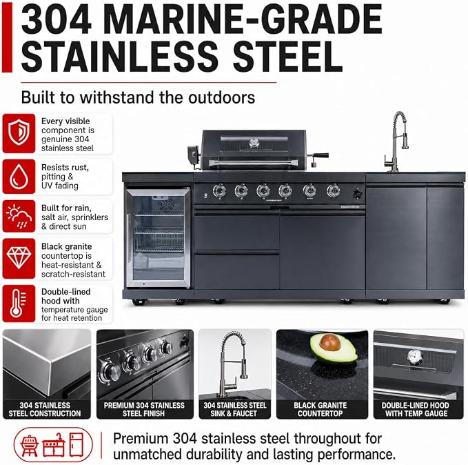 98-Inch Outdoor Kitchen Grill Island, 6-Burner 72,000 BTU Propane Gas BBQ Grill with Refrigerator, Rotisserie Kit, Stainless Steel Countertops, Storage Cabinets & Drawers, Black