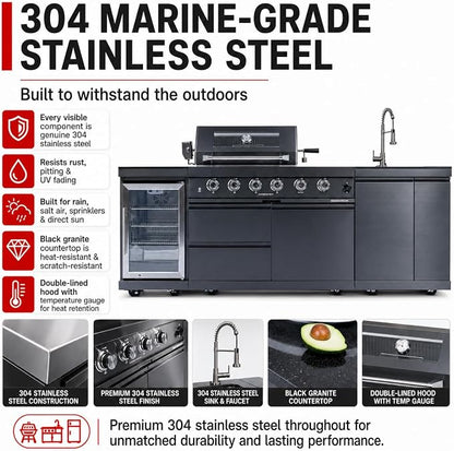 98-Inch Outdoor Kitchen Grill Island, 6-Burner 72,000 BTU Propane Gas BBQ Grill with Refrigerator, Rotisserie Kit, Stainless Steel Countertops, Storage Cabinets & Drawers, Black