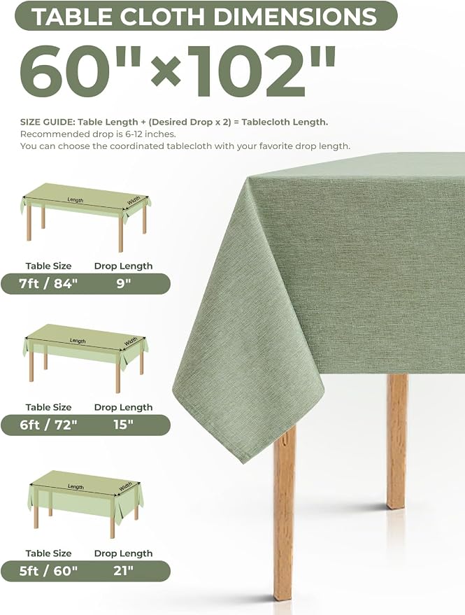 Decorelia Sage Green Washable Table Cloths for 6 Ft Rectangle Tables-4 Pack, Washable Polyester Faux Linen Rectangular Table Cloth Cover for Wedding,Outdoor,Events, Party,Banquet,Dining, 60x102 Inch