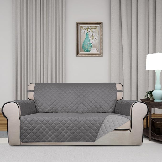 PureFit Reversible Quilted Couch Covers for Dogs Loveseat Sofa Cover 54" | Gray/Light Gray, Water Resistant Couch Protector, Washable Pet Couch Cover with Non Slip and Elastic Straps For Kids