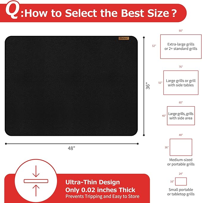 Matace 48x36 Fireproof Grease Mats for Under Outdoor Grill, Large Double-Sided Fire Retardant Silicone Floor Mat for BBQ, Camping Stove, Fire Pit, Waterproof Patio & Deck Protector, Black