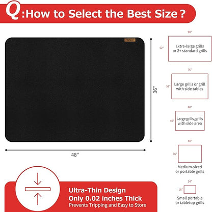 Matace 48x36 Fireproof Grease Mats for Under Outdoor Grill, Large Double-Sided Fire Retardant Silicone Floor Mat for BBQ, Camping Stove, Fire Pit, Waterproof Patio & Deck Protector, Black