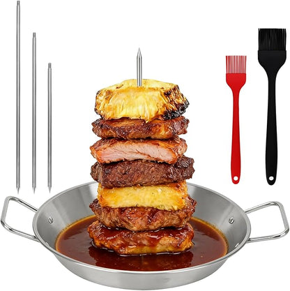 Al Pastor Skewer for Grill, Stainless Steel Shawarma Skewer Stand Vertical Pan with 3 Removable Spikes (8”/10"/12”) & Brushes for Tacos Al Pastor, Grill Smoker Oven BBQ