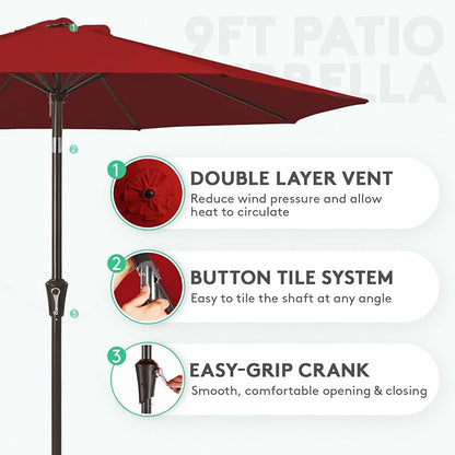 JEAREY 9FT Outdoor Patio Umbrella, Market Umbrella, Burgundy | Outdoor Table Umbrellas with 8 Sturdy， Tilt & Crank UV Protection Waterproof for Garden, Deck, Backyard, Pool