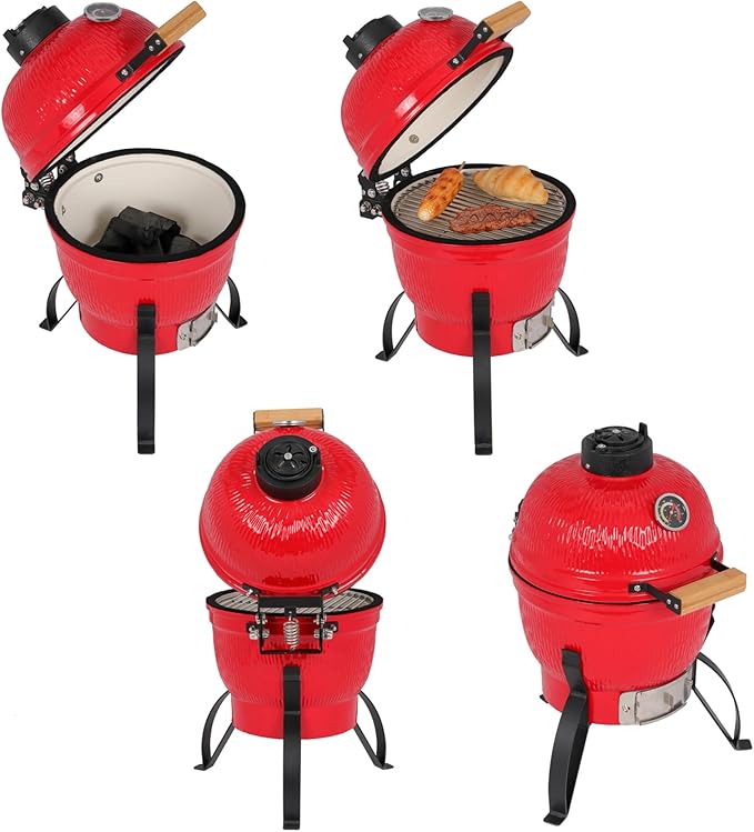 Portable Ceramic Grill 13" Round Charcoal Barbecue Grills with Thermometer, Compact BBQ Grill for Garden Party Picnic Hiking Travel Backyard Cooking, Easy to Assemble, Asadores de Carbon, Red