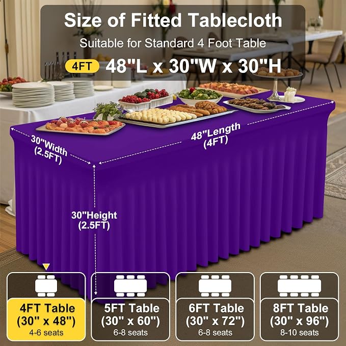 Smiry Spandex Elastic Fitted Table Cloth Skirt for 4FT Rectangle Table | Stretch Washable Table Cloth, Banquet Table Cover for Wedding, Party, Indoor & Trade Shows, (Purple, 48Lx30Wx30H)