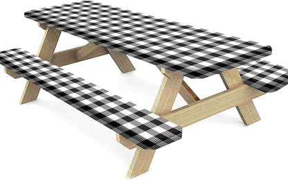 Buffalo Plaid Picnic Fitted Tablecloth and Bench Cover, 3-Piece Set, Edged Checkered Fitted Tablecloth for Outdoor Dining, Camping, RVs, Picnics, Patios Decor, 72x28 in