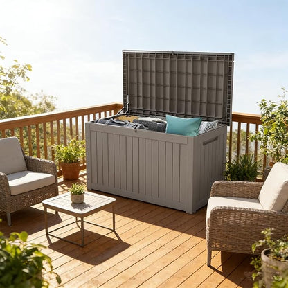 FEFLO 230 Gallon Waterproof Resin Outdoor Storage Box, Lockable & UV Resistant Patio Deck Boxes, Outside Storage for Patio Cushions, Pool Toys, Garden Tools & Package Delivery, Brown