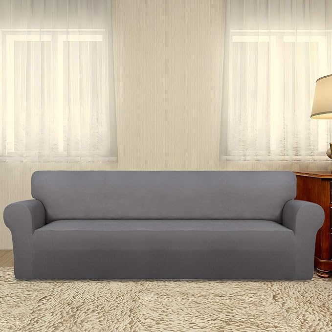 PureFit Stretch Couch Covers for Sofa 4 Seater Slipcovers Light Gray | 1-Piece Sofa Cover Washable Soft Couch protector, Couch Slipcover with Non Skid Foam and Elastic Bottom for Kids, Dogs