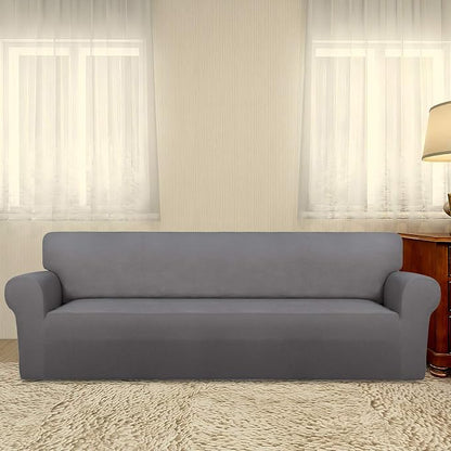 PureFit Stretch Couch Covers for Sofa 4 Seater Slipcovers Light Gray | 1-Piece Sofa Cover Washable Soft Couch protector, Couch Slipcover with Non Skid Foam and Elastic Bottom for Kids, Dogs