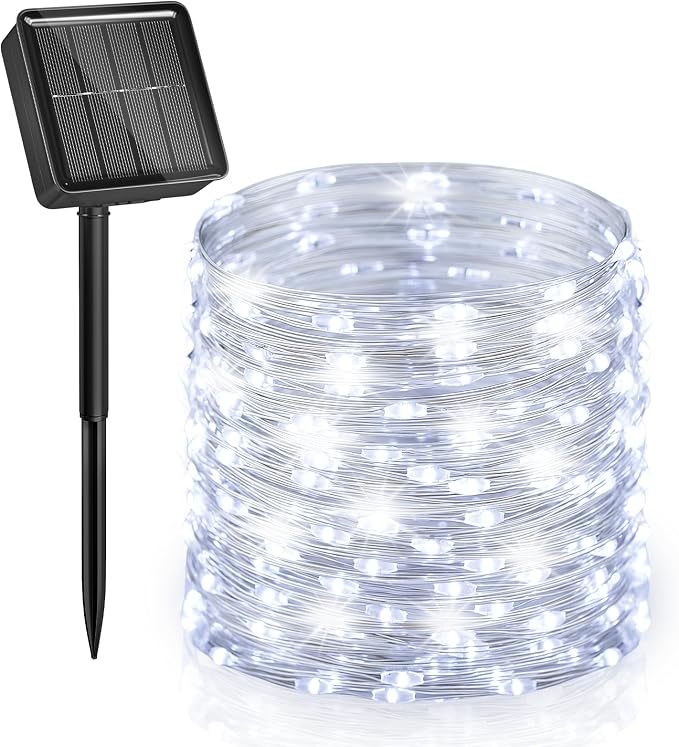 Minetom Solar Fairy Lights,33Ft 100 LED String Lights Outdoor Pure White | IP65 Waterproof Twinkle Lights with 8 Modes Outdoor & Indoor, Patio Lights for Tree Garden Party Wedding Christmas Decor