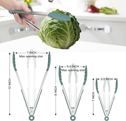 HOTEC Premium Stainless Steel Locking Kitchen Tongs with Silicon Tips, Set of 3-7", 9" and 12" (Sage Green)