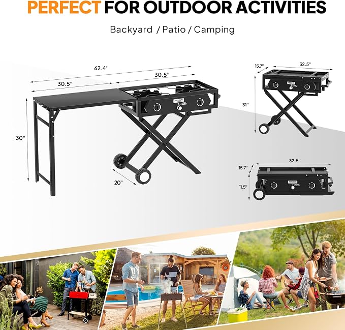 ROVSUN 2 Burner Foldable Gas Stove with Side Table, 150,000 BTU Portable Propane Stove with Ignition & Regulator for Camping Home Backyard Cooking Brewing Canning Turkey Frying