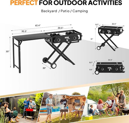ROVSUN 2 Burner Foldable Gas Stove with Side Table, 150,000 BTU Portable Propane Stove with Ignition & Regulator for Camping Home Backyard Cooking Brewing Canning Turkey Frying