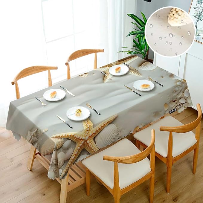 Swono Seashells Table Cloth Seacoast Beach Starfish and Seashells Rectangle Tablecloth Picnic Table Cover BBQ Table Cloth Polyester for Kitchen Restaurant Coffee Table 50x72 Inch