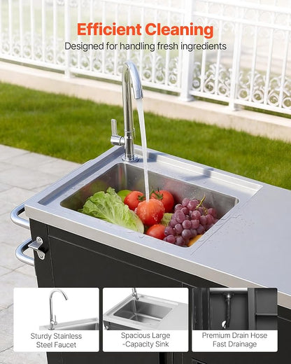 VEVOR Outdoor Grill Cart with Sink and Storage Cabinet, 38 Inch Grill Table, Waterproof Kitchen Island with Stainless Steel Top, Spice Rack, Wheel, Movable Food Prep Station for Patio Bar Backyard BBQ