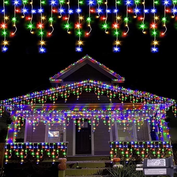 QITONG Multicolor Icicle Lights for Outside, 33ft 400 LED String Lights Indoor, Clear Wire Connectable Icicle Christmas Lights Plug in with 8 Modes