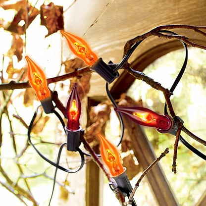 Halloween Flickering Flame String Lights, 27.8Ft with 25 Pack Orange Purple Flame Light Bulbs C18 E12 Base for Indoor Outdoor Decorations, Black Wire