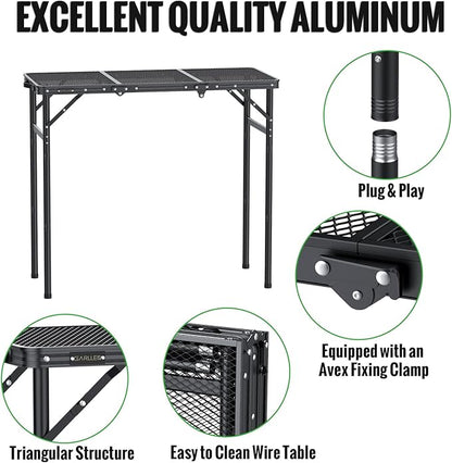 GARLLEN Folding Grill Table, 3-Height Adjustable Lightweight Grill Table with Heat-Resistant Tabletop, Portable Aluminum Camping Table for BBQ, Picnic, Cooking, 35.4" L x 15.7" W, Threaded Install