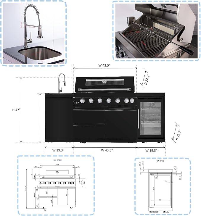 6 Burner Outdoor Kitchen Island with Grill, 85000 BTU Deluxe Stainless Steel Modular Outdoor Kitchen, Gas Propane BBQ Island with Refrigerator, Sink, Rotisserie, 85"W, Black