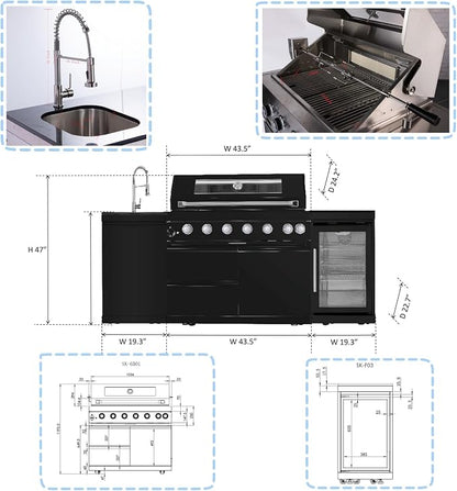 6 Burner Outdoor Kitchen Island with Grill, 85000 BTU Deluxe Stainless Steel Modular Outdoor Kitchen, Gas Propane BBQ Island with Refrigerator, Sink, Rotisserie, Storage Cabinet, Black
