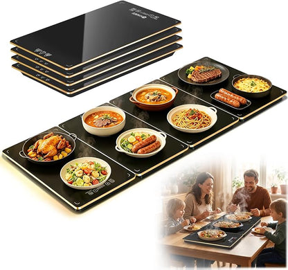Electric Warming Tray for Buffet Party - 4 Panels Electric Glass Top Heating Plate, 8 Level Temp Control Easy Clean Surface Overheat Protection and Timer: for Busy Hosts Party Dinners and Holiday Meal