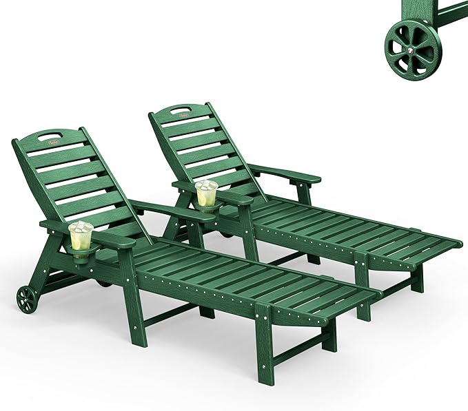 Lounge Chair Outdoor Set of 2, HDPE Chaise Lounge Outdoor with 6-Position & Wheels &Cup Holder, Pool Lounge Chair for Pool Poolside Deck Backyard Patio, Green