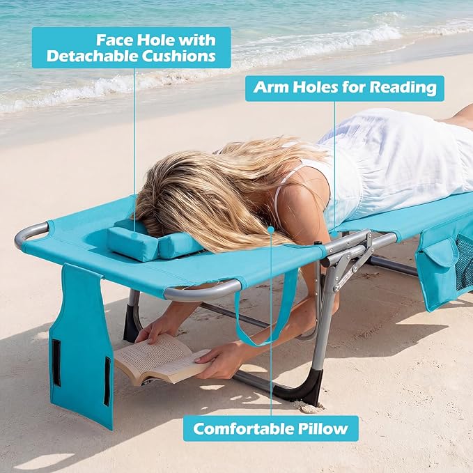 COSTWAY Tanning Chair with Face Hole, Folding Beach Lounge Chair with 4-Position Adjustable Backrest, Pillow & Side Pocket, Foldable Chaise Lounge Chair Outdoor for Sunbathing, Camping (2, Turquoise)