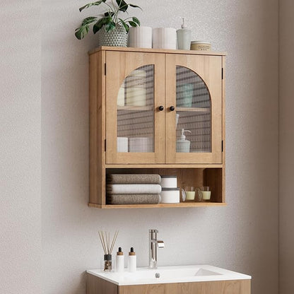 Bathroom Wall Cabinet, Bathroom Storage Cabinet Over Toilet, Medicine Cabinet with Arched Glass Doors & Adjustable Shelves, Wall Mounted Bathroom Cabinet with Open Storage Shelf, Natural
