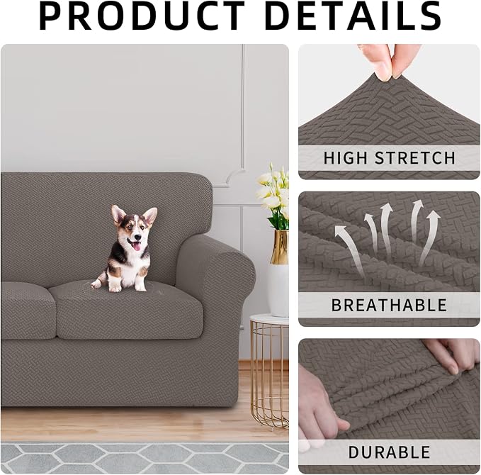 ISSUNTEX 3 Pieces High Stretch Thicken Loveseat Couch Covers, Soft Sofa Slipcover for 2 Separate Cushion Couch, Jacquard Fabric Elastic Sofa Cover Furniture Protector for Dogs (Loveseat, Taupe)