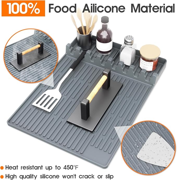 Snuggery Silicone Griddle Tools Mat for Blackstone – Griddle Accessories 16"x11.5" BBQ Spatula Organizer with Drip Pad, Heat-Resistant Grill Accessories for Outdoor Cooking, Gifts for Husband & Men
