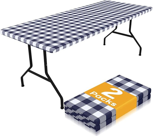 Smiry Picnic Table Cloth 2 Pack, Waterproof Elastic Fitted Tablecloths for 36x96 Rectangle Tables, Washable Polyester Buffalo Plaid Tablecloth for Camping, Dining & Outdoor (Navy & White, 36" x 96")